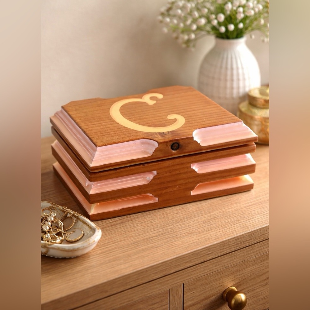Wood Monogram “C” Jewelry Box Pink Heart Interior Trinket Box 7.5”